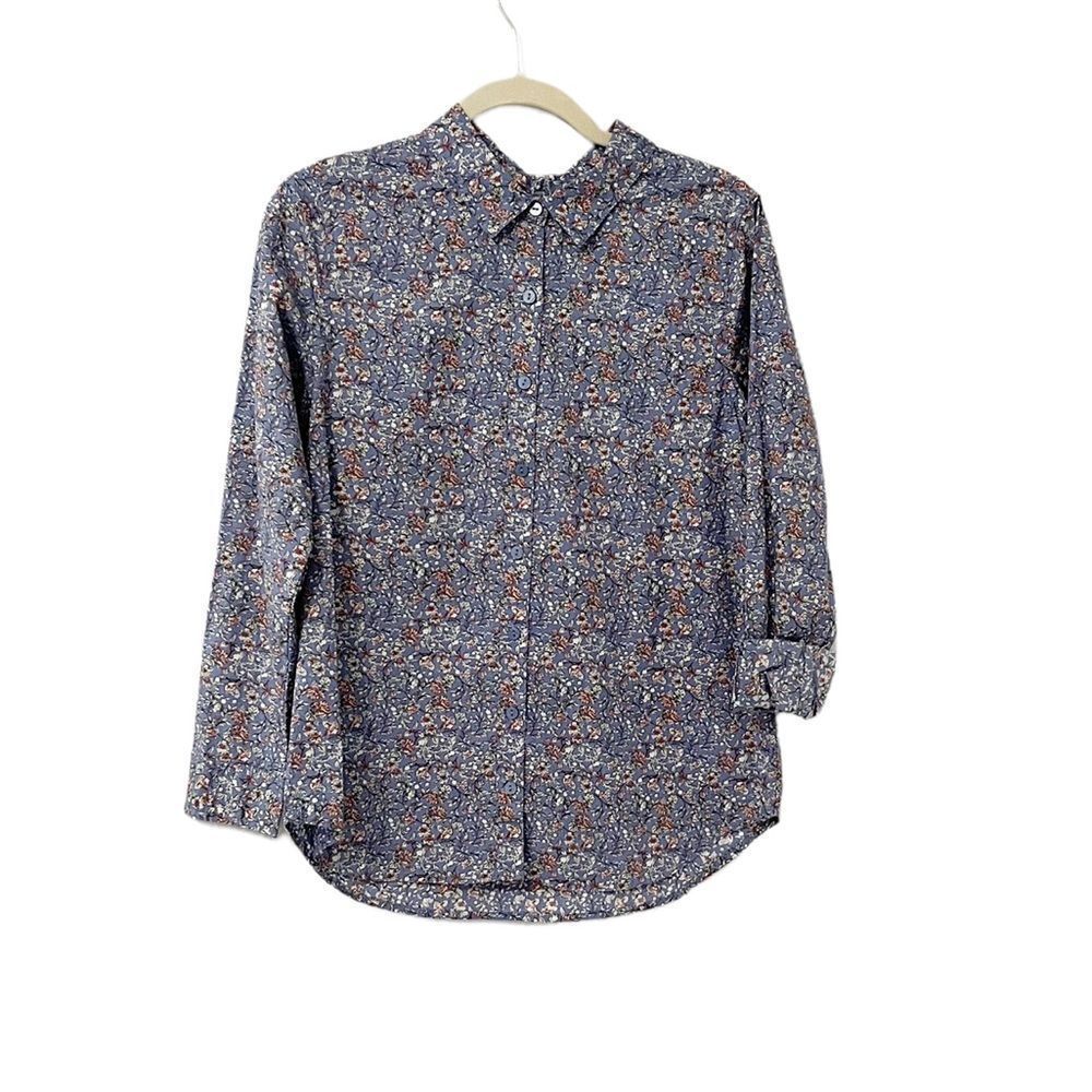 Christopher & Banks Blue Floral Roll Tab Sleeve Button Down Shirt Size S